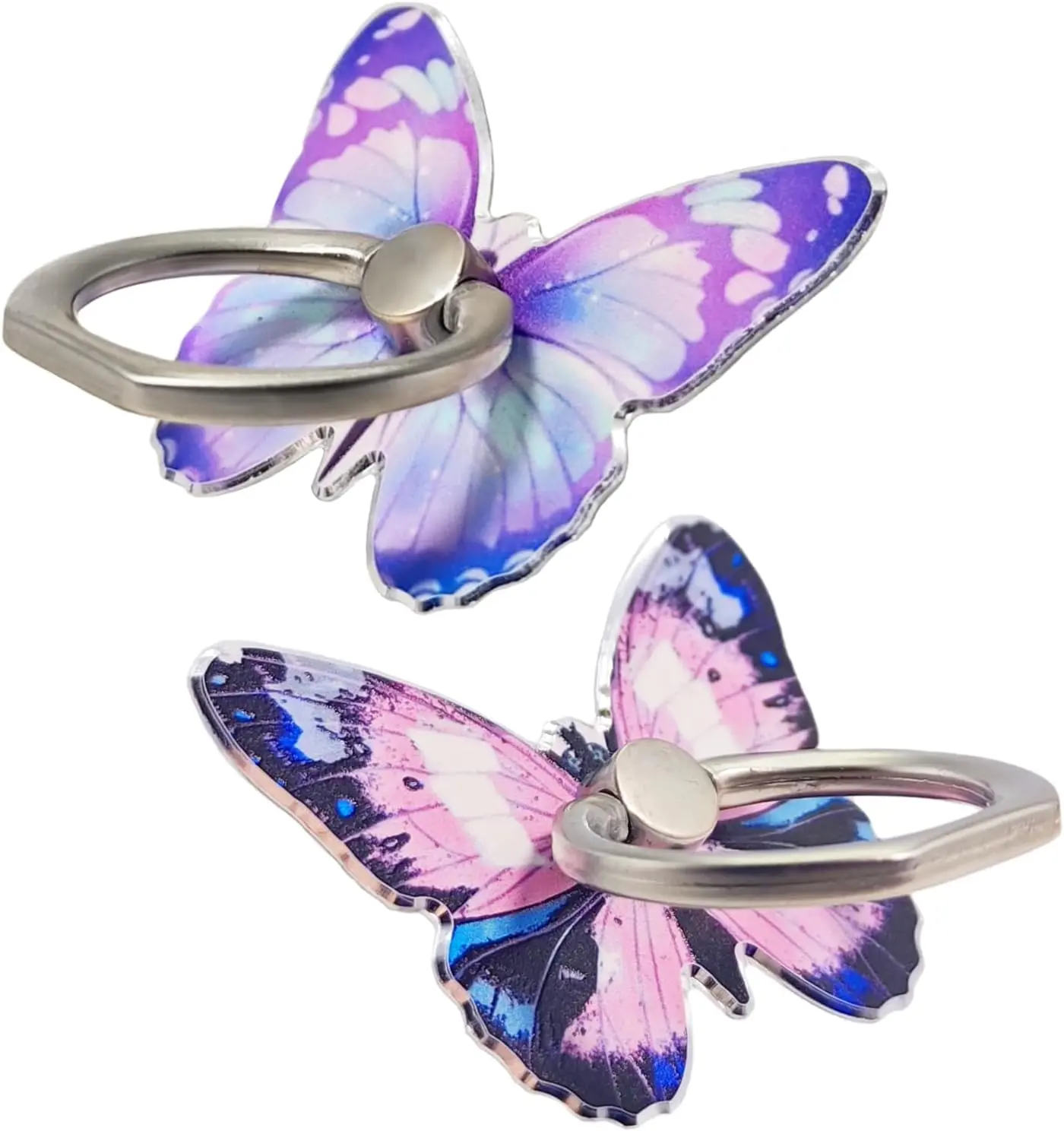 2-Pcs Mobile Acrylic Aesthetic Butterfly Phone Ring Stand Mount, Transparent Cute Design, 360° Rotatable Metal Holder, Flexible Adjustable Knob Loop, Non-Slip Grip, Wireless-Friendly for Most Phones/Tablets (Purple, Blue)
