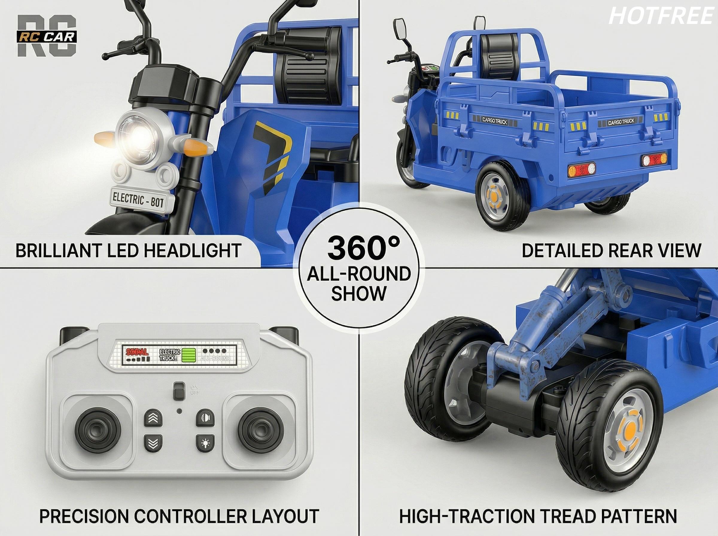 Hotfree Mini RC Cargo Tricycle Toy, 2.4Ghz Remote Control Dump Truck with Loading Bed, Headlight and Sounds, USB Rechargeable Electric Vehicle, Birthday Christmas Gift for Boys Girls Kids Ages 6+