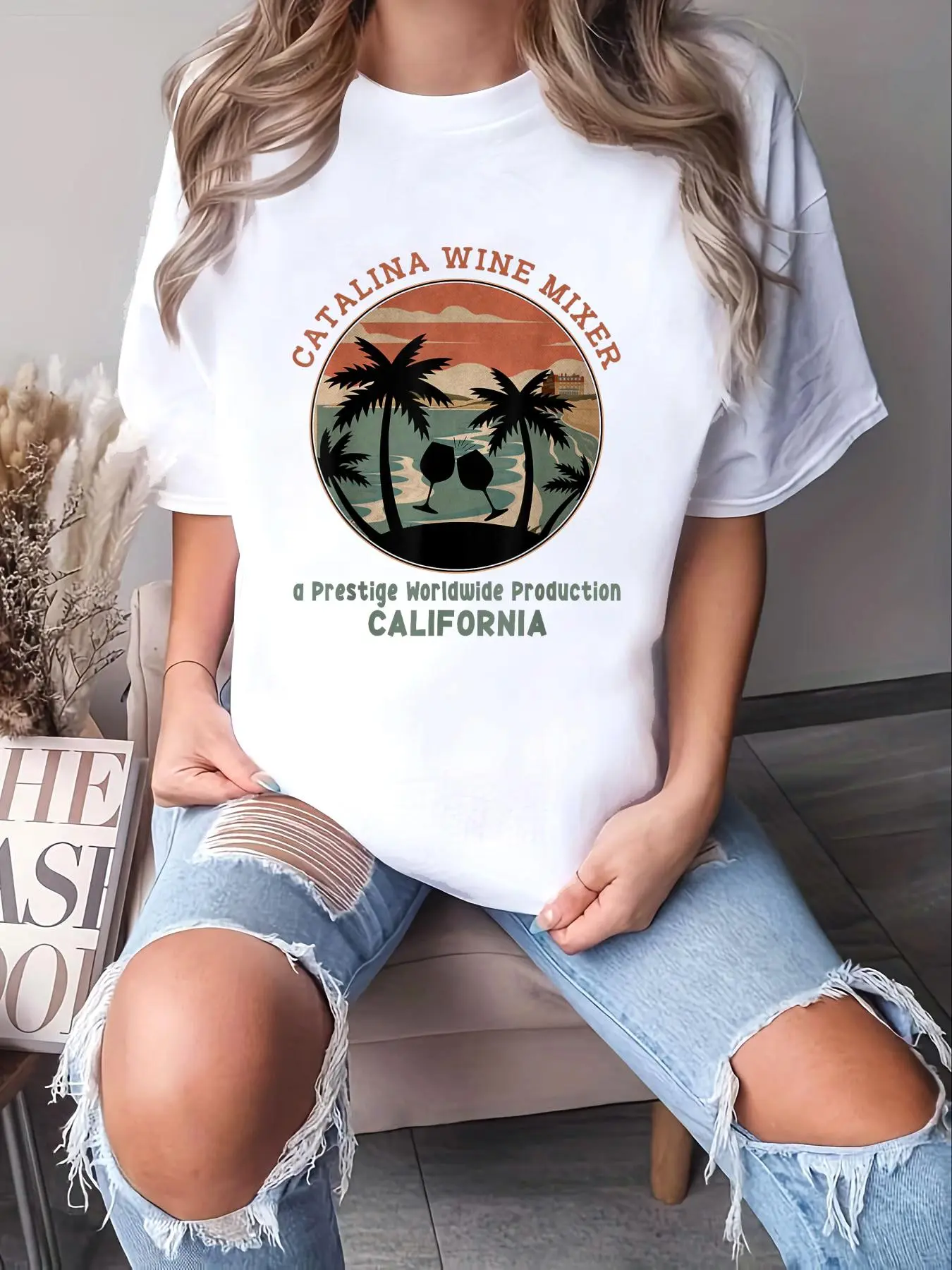 Women's 100% Cotton Short-Sleeve Loose-Fitting Lady Style Casual Top - Catalinas Design, Arts Mixer/Wine Bluegrass Graphic, Round Neck, Wardrobe Staple, Machine Wash, Cold Wash, Tumble Dry, Do Not Bleach