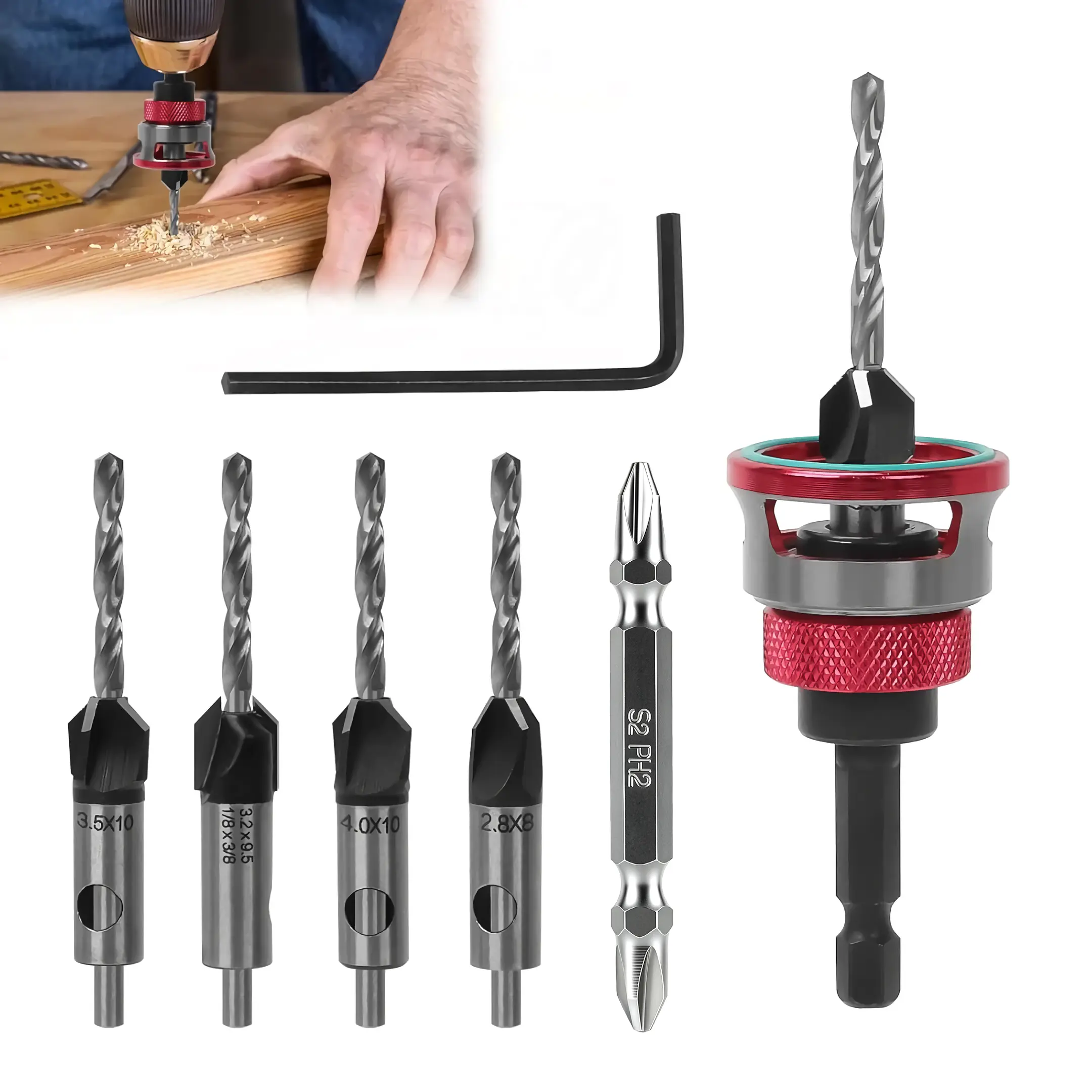 4PCS High Carbon Steel 4-Blade Countersink Drill Bit Set with Depth Adjust Stop, L-Shape Wrench Tool, Included Tool for Woodworkers’ Precision Drilling in Wood/Plastic