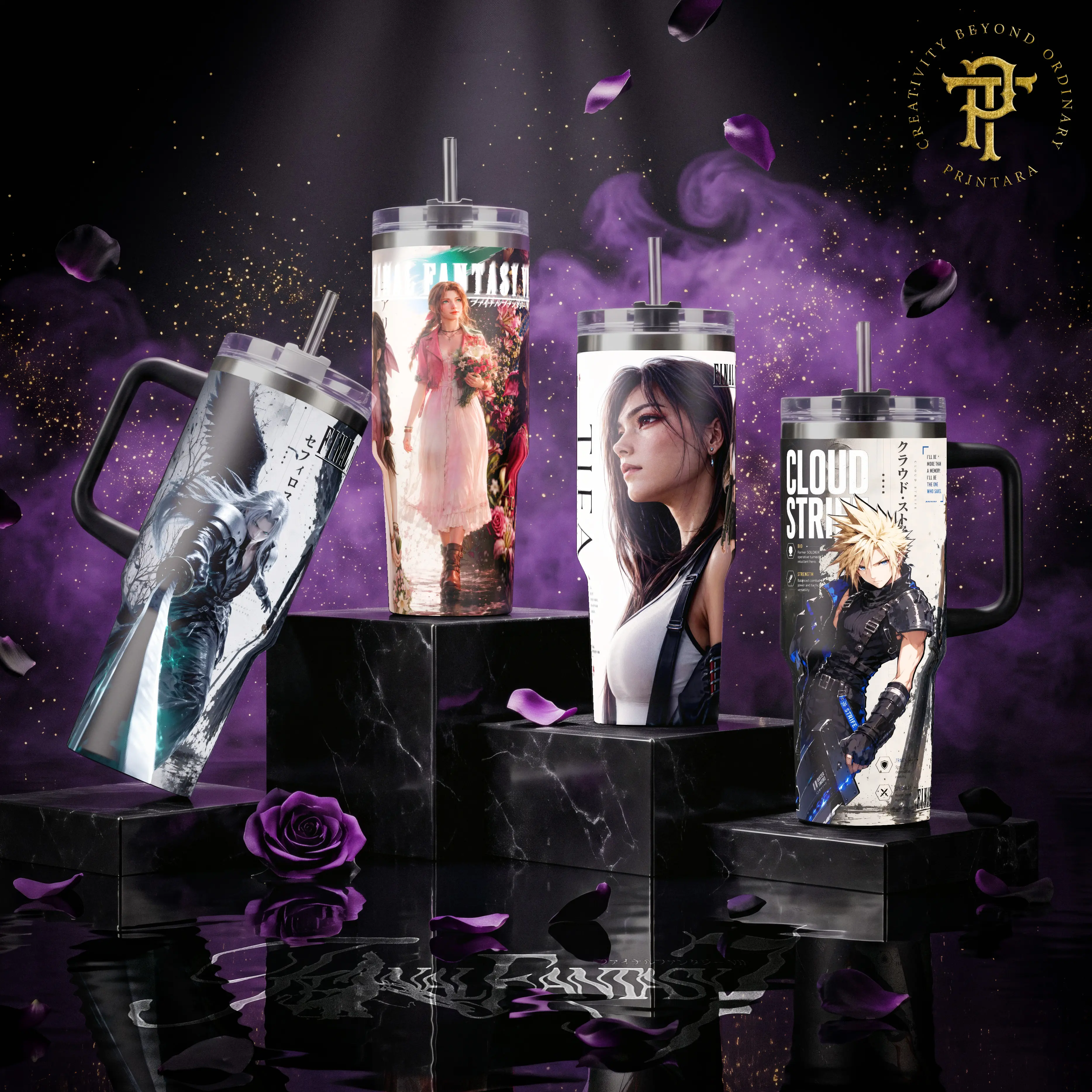 Final Fantasy VII (FF7) Cloud Strife Sephiroth Tifa Aerith Stainless Steel Vacuum Insulated Tumbler - 40/20 oz Portable Water Bottle, Aesthetic Video Game Merch Gift for Gamers