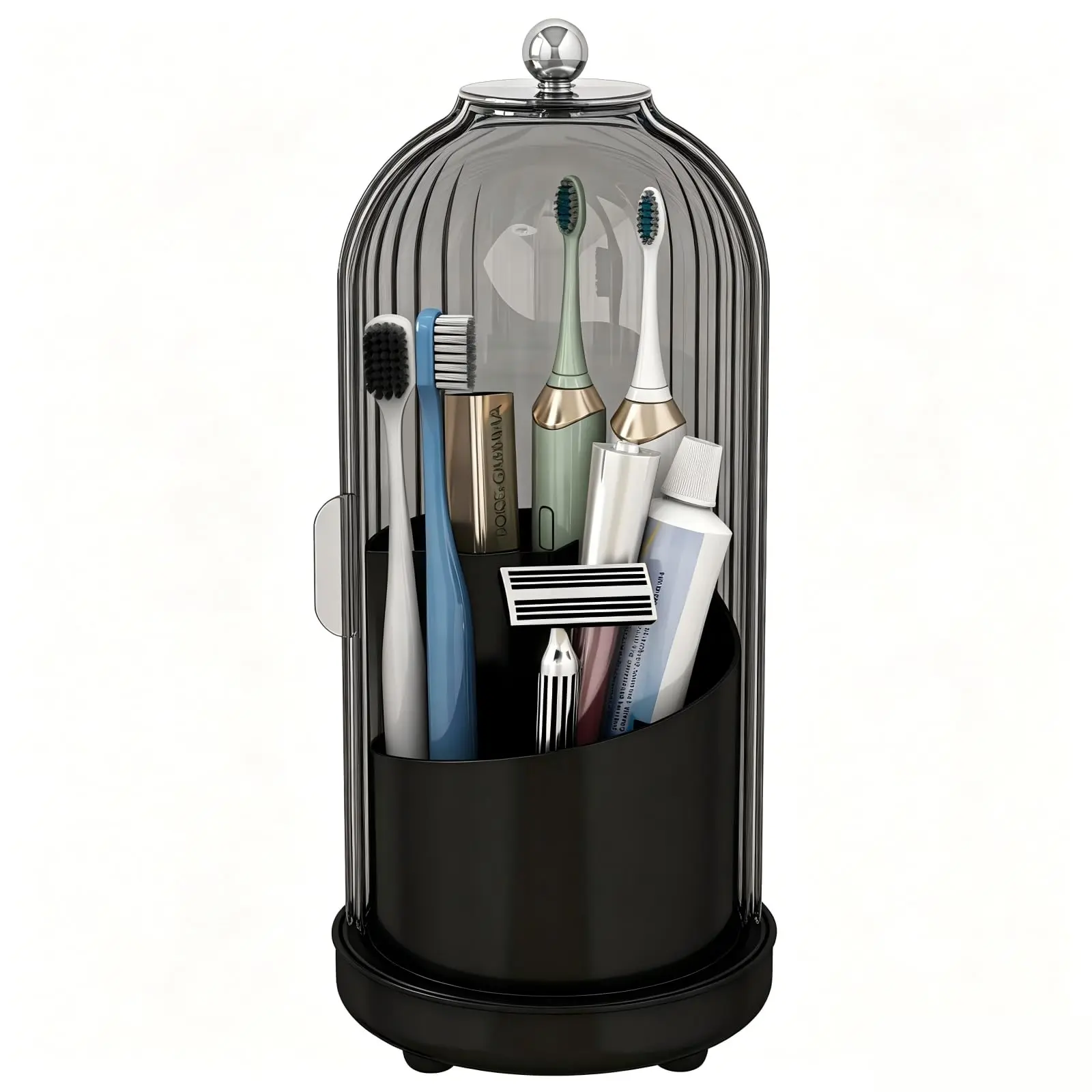 Camp Kitchen Drain & Dust Oral Storage Grey Toothbrush Holder Organizer, Sliding Lid, 360-Rotating, 3-Slot, Drainage Design, Bathroom Countertop Accessory, Functional, Single Unit