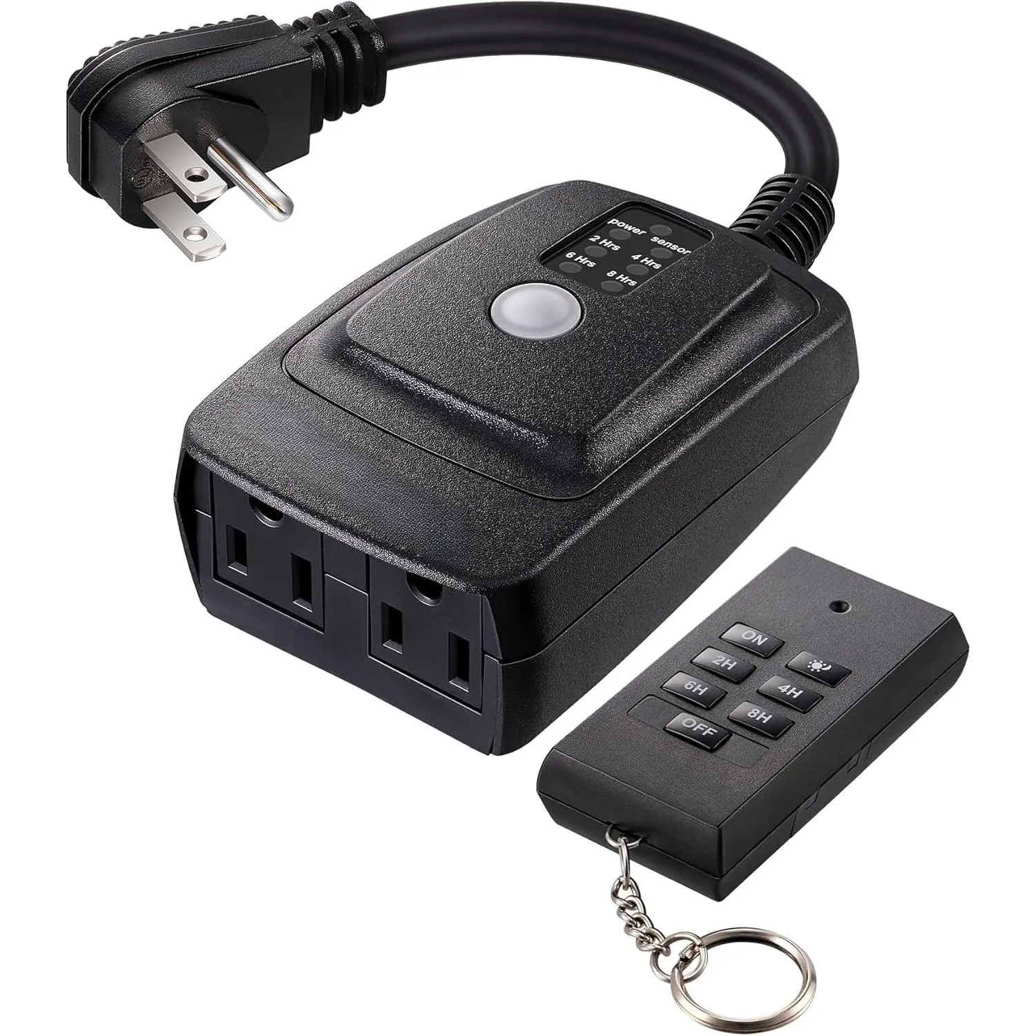 P-WCP01 Plug-In PBT Photocell & Countdown Timer Switch with RF Remote Control - Waterproof, 100 ft Range, 2 Grounded Outlets, 15A 1/2HP UL Listed, 6 in SJTW14-3 Grounded Cord, CR2032 Included Battery, for Outdoor String Lights, Holiday Decorations