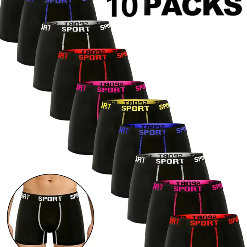 10 Pack Men’s Performance Boxer Briefs with Letter Tape Waistband, No Ride Up Breathable Stretch Underwear, Soft Supportive Boxers for Gym & Daily Wear