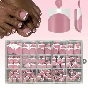 Toe Nail Tips Press on, French Fake Short Toe Tips, 150Pcs Square Round Acrylic Toenail Press Ons, 15 Sizes French Baby Pink Wearable Full Cover Fake Toenails