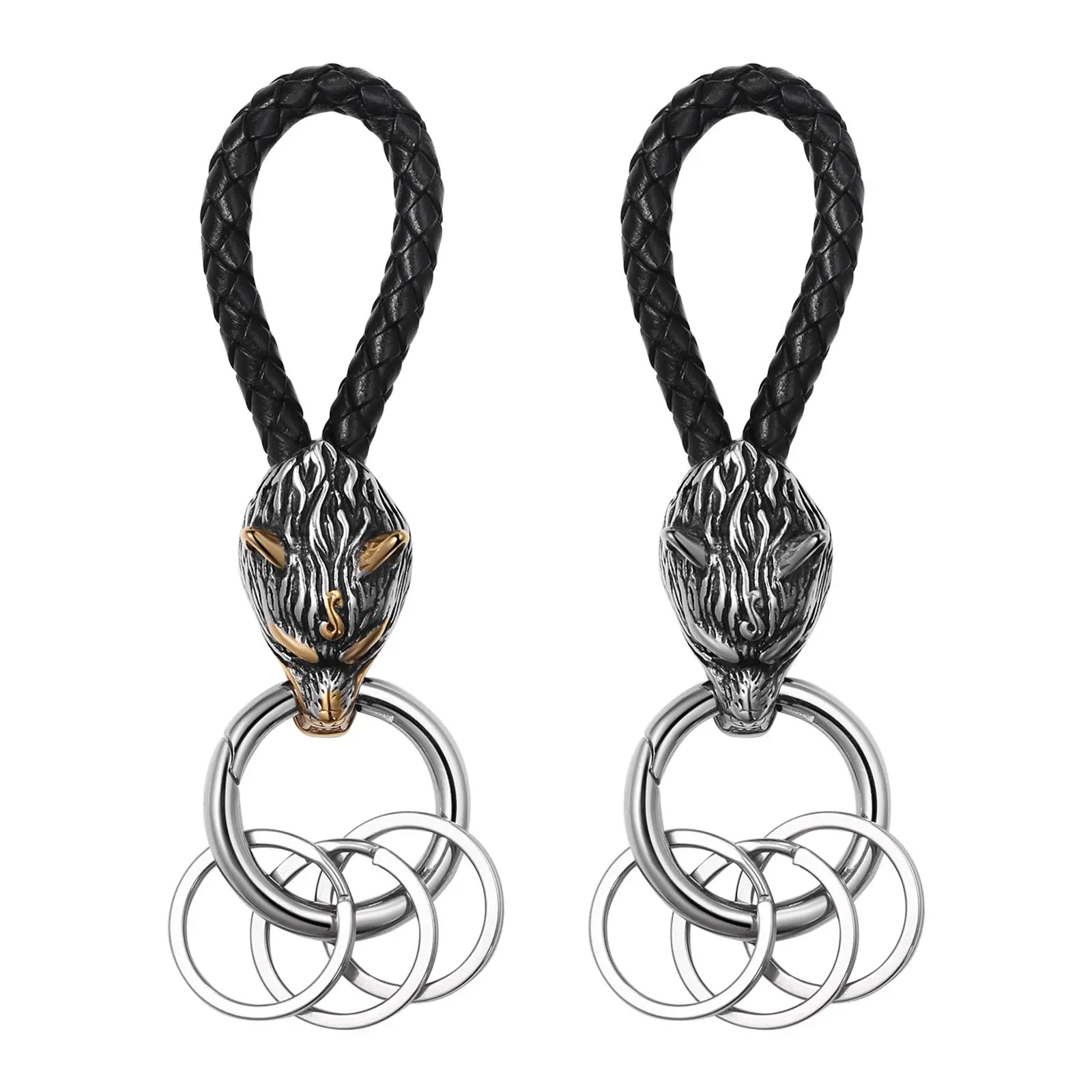 OIDEA Viking Wolf Head Keychain for Men - Stainless Steel Braided PU Leather Norse Amulet Key Ring, Ideal Leather, Animal-Inspired, Heavy-Duty Metal, Dark Style, EDC Gift, Leather Keychains, Animal-Inspired Keychains