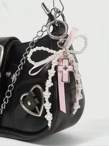 Cute Y2K Bow Pearl Cross Keychain, Kawaii Bag Accessory for Girls, Students, Perfect Gift for Valentine's Day, Christmas, New Year