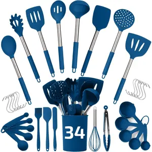 Silicone Kitchen Utensils Set 34 Pieces 450 °F Heat Resistant - Blue Cooking Utensils-Set for Nonstick Cookware - Silicone Spatulas Set, Stainless Steel Handle & Other Kitchen accessories