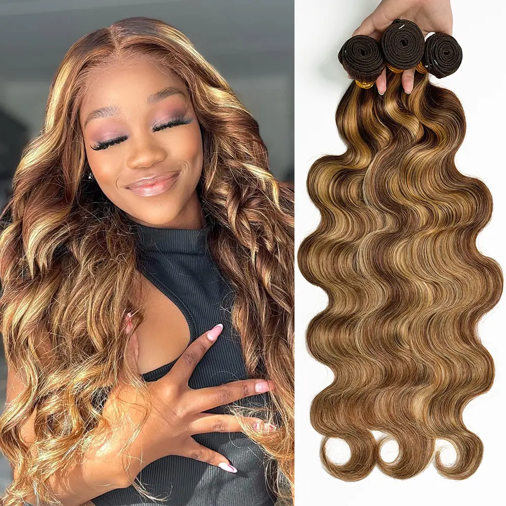 Ramiss P4/27 Highlight Blonde Brazilian Remy Virgin Hair Body Wave 3 Bundles with 2x6 & 4x4 Lace Closure 99J Burgundy Body Wave Human Hair Extensions Natural Black