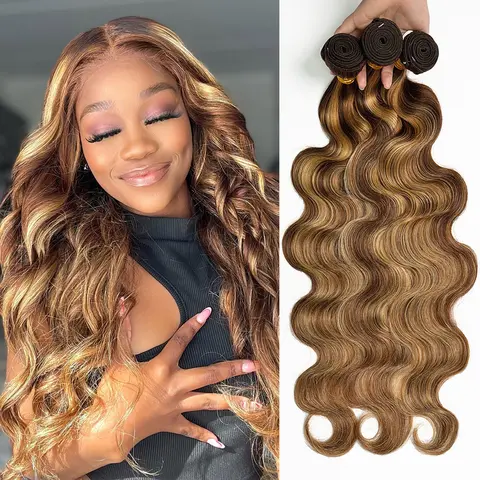 Ramiss P4/27 Highlight Blonde 100% Virgin Brazilian Remy Human Hair Body Wave Bundles, 3 Sew In Bundles with 2x6 & 4x4 Lace Closure, Female 99J Burgundy Tape-In Hair Extensions (Natural Black Base)