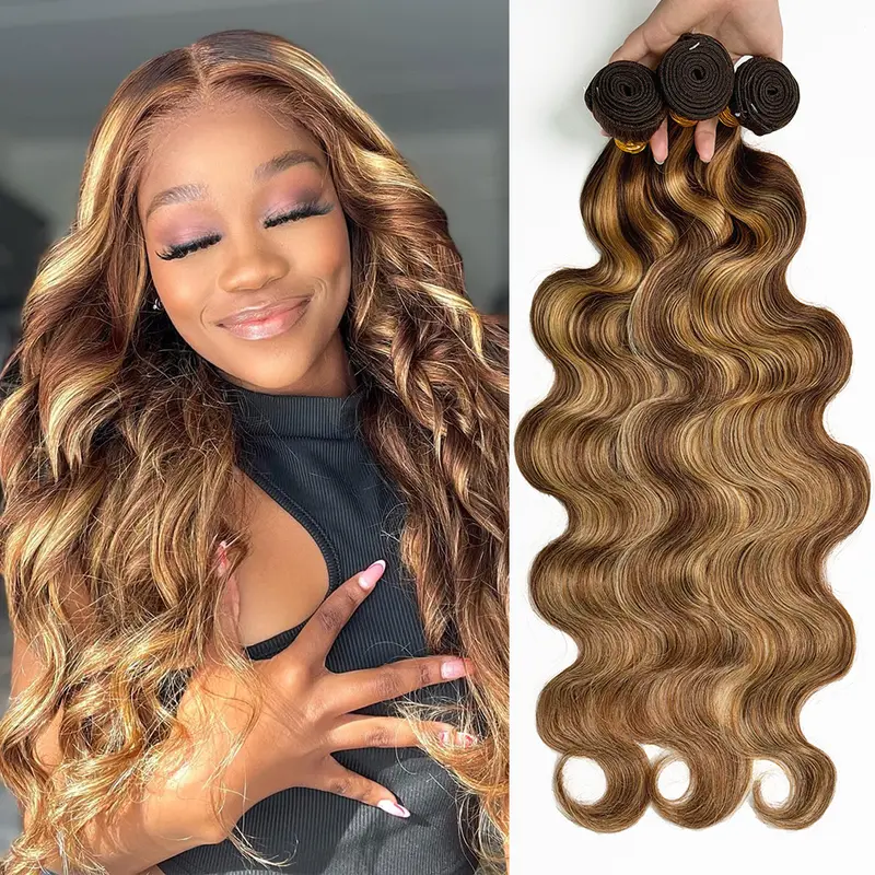 Ramiss P4/27 Highlight Blonde 100% Virgin Brazilian Remy Human Hair Body Wave Bundles, 3 Sew In Bundles with 2x6 & 4x4 Lace Closure, Female 99J Burgundy Tape-In Hair Extensions (Natural Black Base)