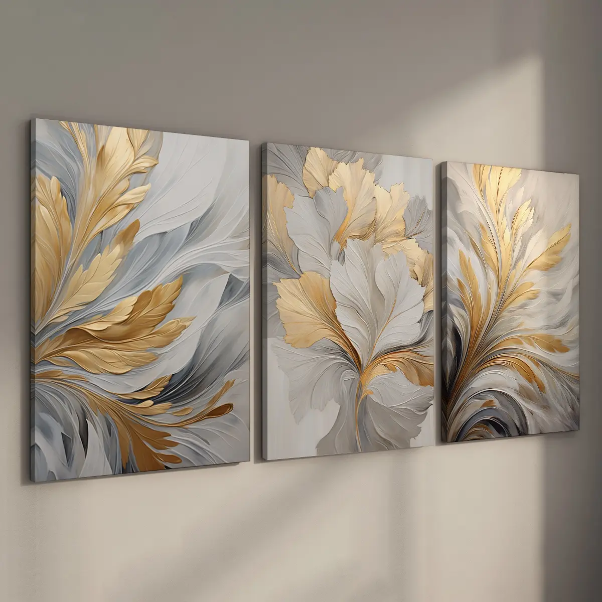 3Counts Wood Framed Canvas Golden White Leaves Wall Art, Wall Art Print, Neutral Botanical Wall Decor, Aesthetic Wall Decor, Ready To Hang, Waterproof Canvas Wall Art, Home & Dorm Decoration