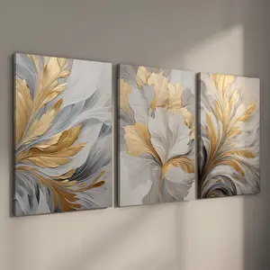 3Counts Wood Framed Canvas Luxury Golden White Leaves Wall Art, Neutral Botanical Wall Decor, Ready To Hang, Waterproof Canvas Wall Art, Wooden Wall Art, Artwork Wall Painting For Gift, Wall Picture for Living Room, Home And Dormitory Decoration
