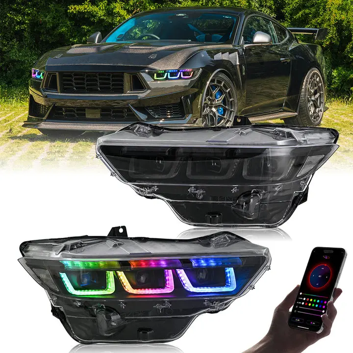 KuerLED RGB LED Headlights, 3× Brighter Than Factory Lights, Triple Projector Car Led Lights for 2024-2025 Ford Mustang EcoBoost/GT - Color Changing, Customizable Brightness & Speed, Dynamic Animation, App Control, Direct Oem Replacement, Modern, Advanced