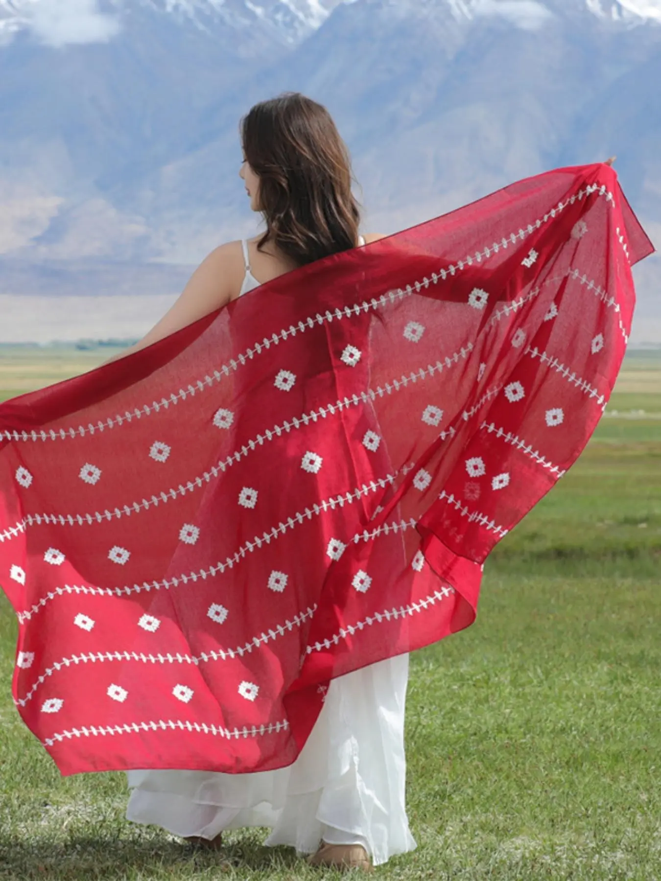 Ethnic Style Shawl Vintage Cotton Linen Embroidered Floral Print Scarf, Spring Summer Travel Wrap, Windproof Sandproof, Versatile Fashion Accessory
