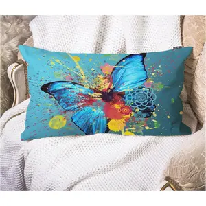 Butterfly throw pillow case cushion cover watercolor Lotus floral splash doodle painting farmhouse rectangle cushion cover cotton linen cushion cover 12x20 inches
