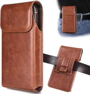 Holster for  16, 16 Pro,  15, 15 Pro, 14, 14 Pro, 13, 13 Pro, 12, 12 Pro, 11, Galaxy S25, S24, S23,  Leather Pouch with Belt Clip Phone Holster Belt Case, Brown -M