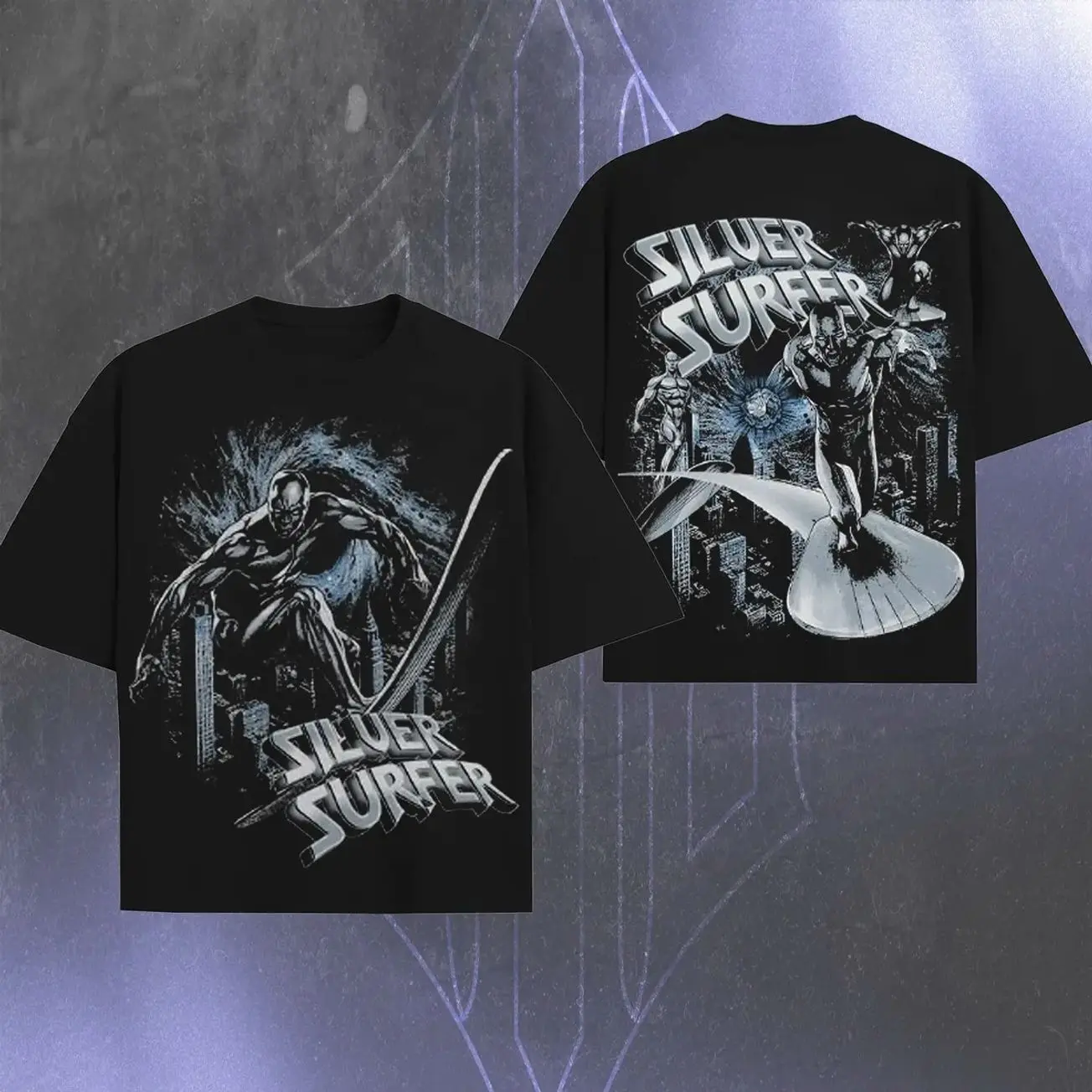Silver Surfer v2 – Herald of Galactus Vintage - MCU Comic Edition Double Printed Oversize Lightweight Vintage Comic Design Top Cotton Superheroes Streetwear T-Shirt Clothes Menswear Womenswear. 1XU