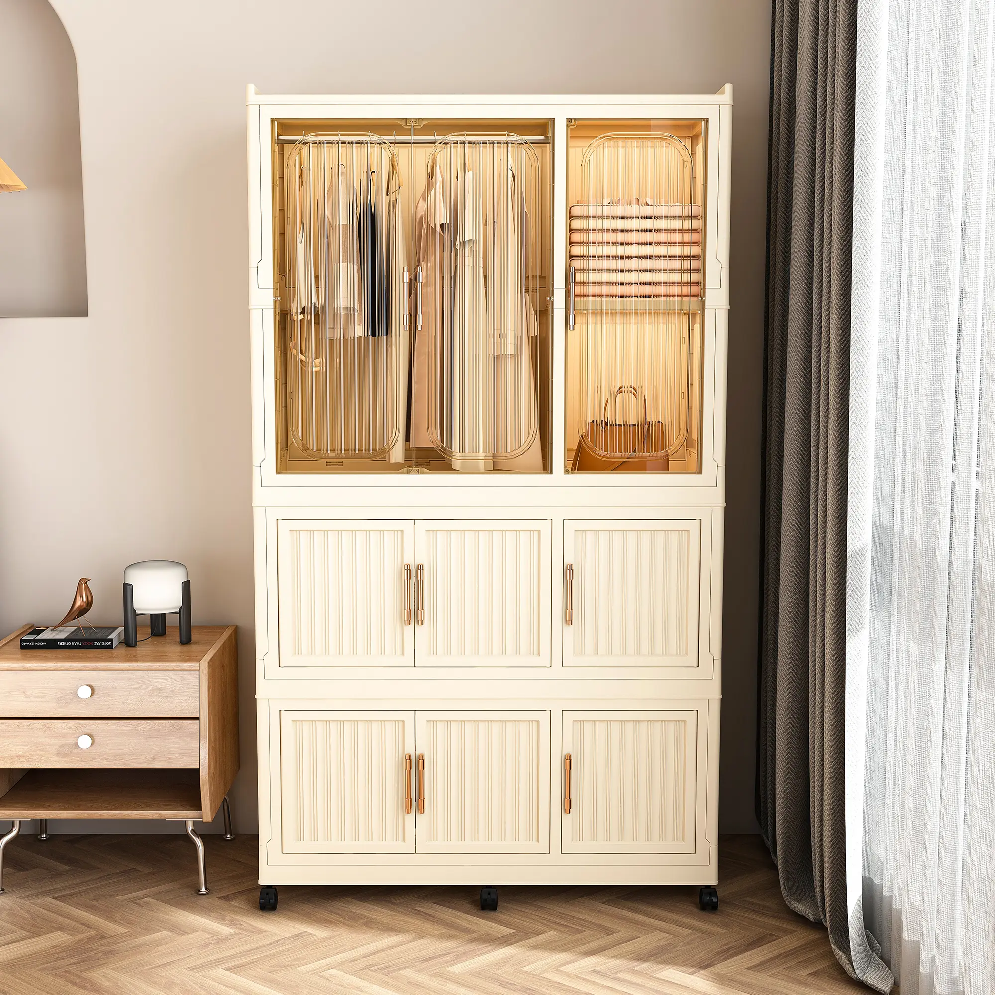 Portable Wardrobe Closet Storage Organizer, 9 Magnetic Doors 9 Cubes with Hanging Rod & 6 Hangers, Freestanding Clothes Dresser Cabinet (White)