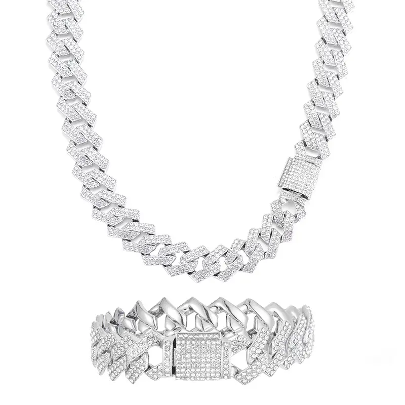 Iced Out Double Row Cuban Link Set for Men – Hip Hop Bling Necklace & Bracelet, Full Diamond Geometric Chain Set, Punk Streetwear Jewelry Gift for Boyfriend