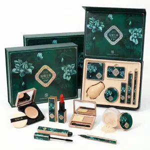 7-piece set, Makeup Set Kit, of colored glass, jade, lotus, flower, beauty gift box, makeup, including air cushion BB cream, makeup setting powder, lipstick, eye black, eyeliner liquid pen, eye shadow, powder puff