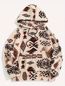 women's geometric print drawstring fuzzy graphic hoodie, casual long sleeve pocket hooded top for fall & winter, graphic hoodie, women's clothes for daily wear, versatile trendy casual outfits 2024， womenswear