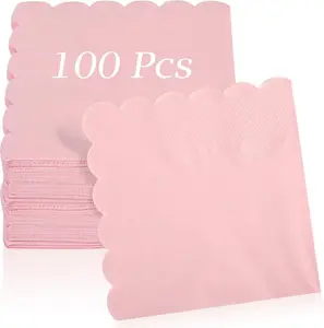 100 Pcs Cocktail Napkins, 2-Ply 5 x 5 Inches Disposable Scalloped Napkins, Thick Premium Dessert Napkins for Party, Wedding, Dinner, Birthday, Anniversary, Festival (Pink)