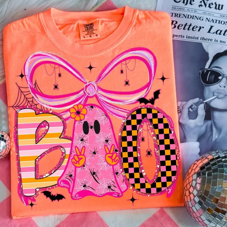Comfort Colors Spooky Boo Ghost Shirt, Neon Pink Halloween Tee, Girly Coquette Halloween Bow Top, Preppy Glitter Pumpkin Apparel