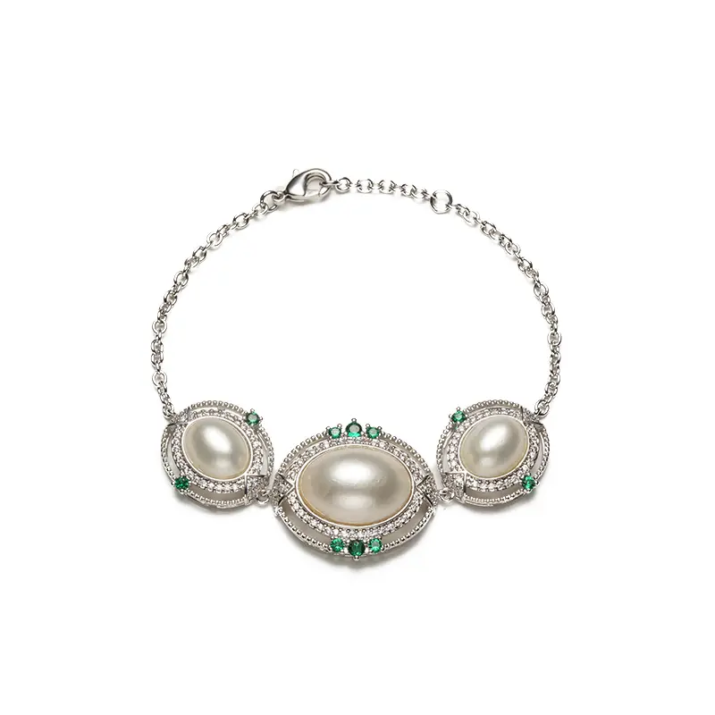 Lace Oval Pearl 3-Token Bridal Bracelet, Luxury Textured Silver-Bordered Evening Jewelry, Ideal Anniversary Gift for Brides