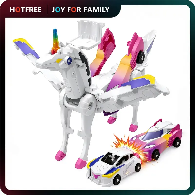 Hotfree 2‑in‑1 Magnetic Unicorn Transforming Car Toy, Automatic‑Collision Transformation Play Car, Convert into Unicorn, Deer and Flying Dragon Figures, Magical STEM Robot Toy, Open‑Ended Pretend Play, Birthday & Christmas Holiday Gift for Boys & Girls