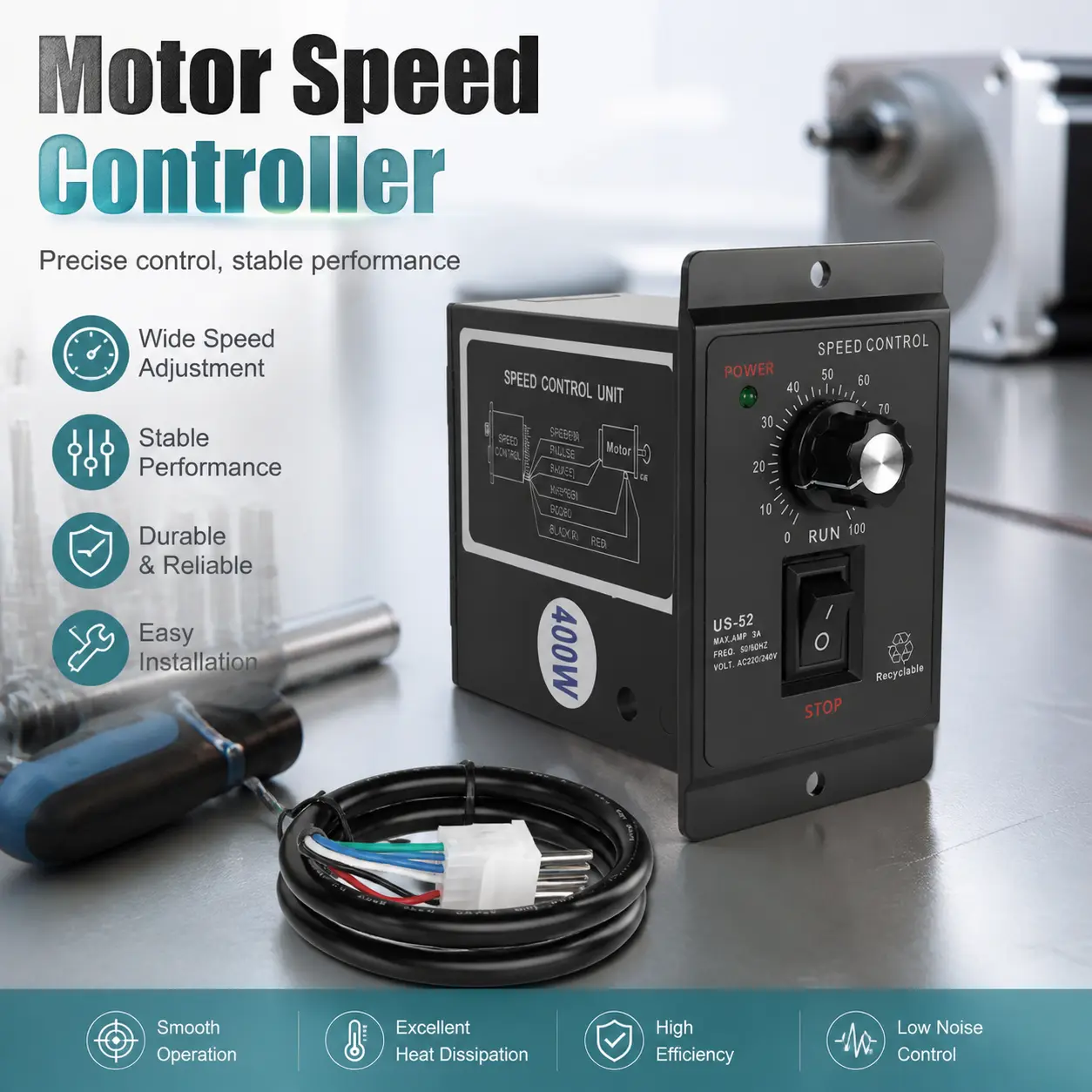 Single-Phase AC220V 400W Industrial DC Motor Speed Controller - Compact Stepless Adjustable Regulator, Overload-Safe Plastic Shell, Power LED Drive for Factory Use Small Machinery, Conveyor Equipment