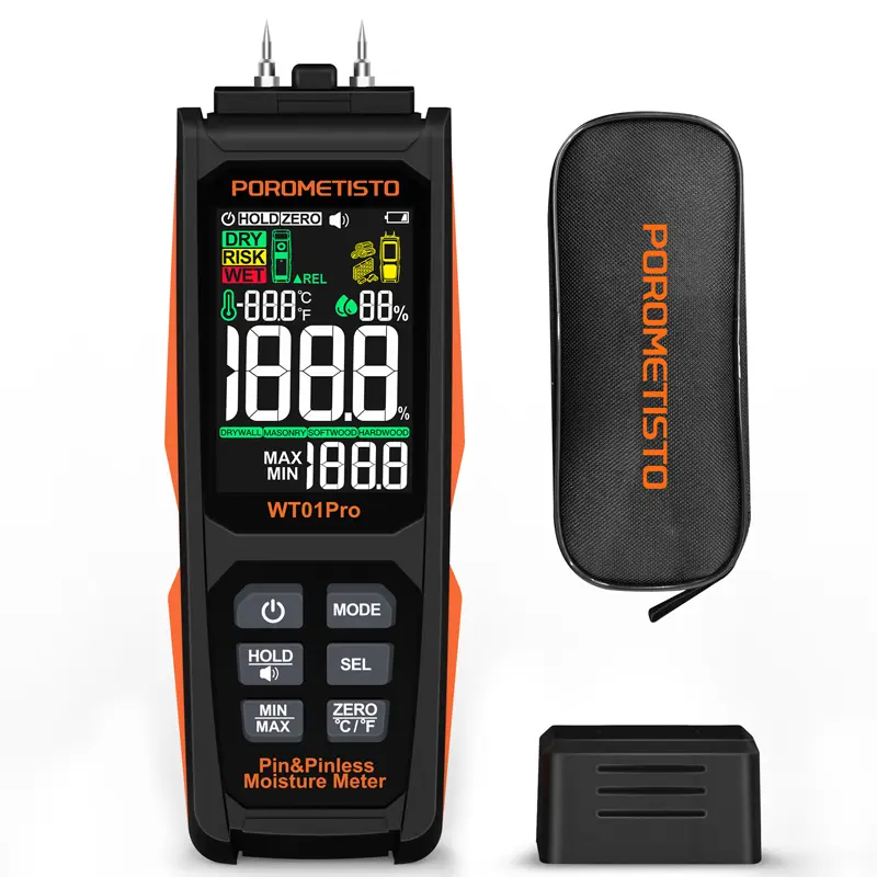 POROMETISTO WT01Pro Wood Moisture Meter,2 in 1 Pin & Pinless Moisture Tester,Digital Humidity Detector Non-contact Timber Damp