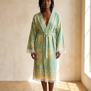 Jacquard Turkish Cotton Robe 100% Cotton Kimono with Anatolian Geometric Motif Long Sleeve Loungewear for Women XS-XL Valentine's Day Gift - Fringe