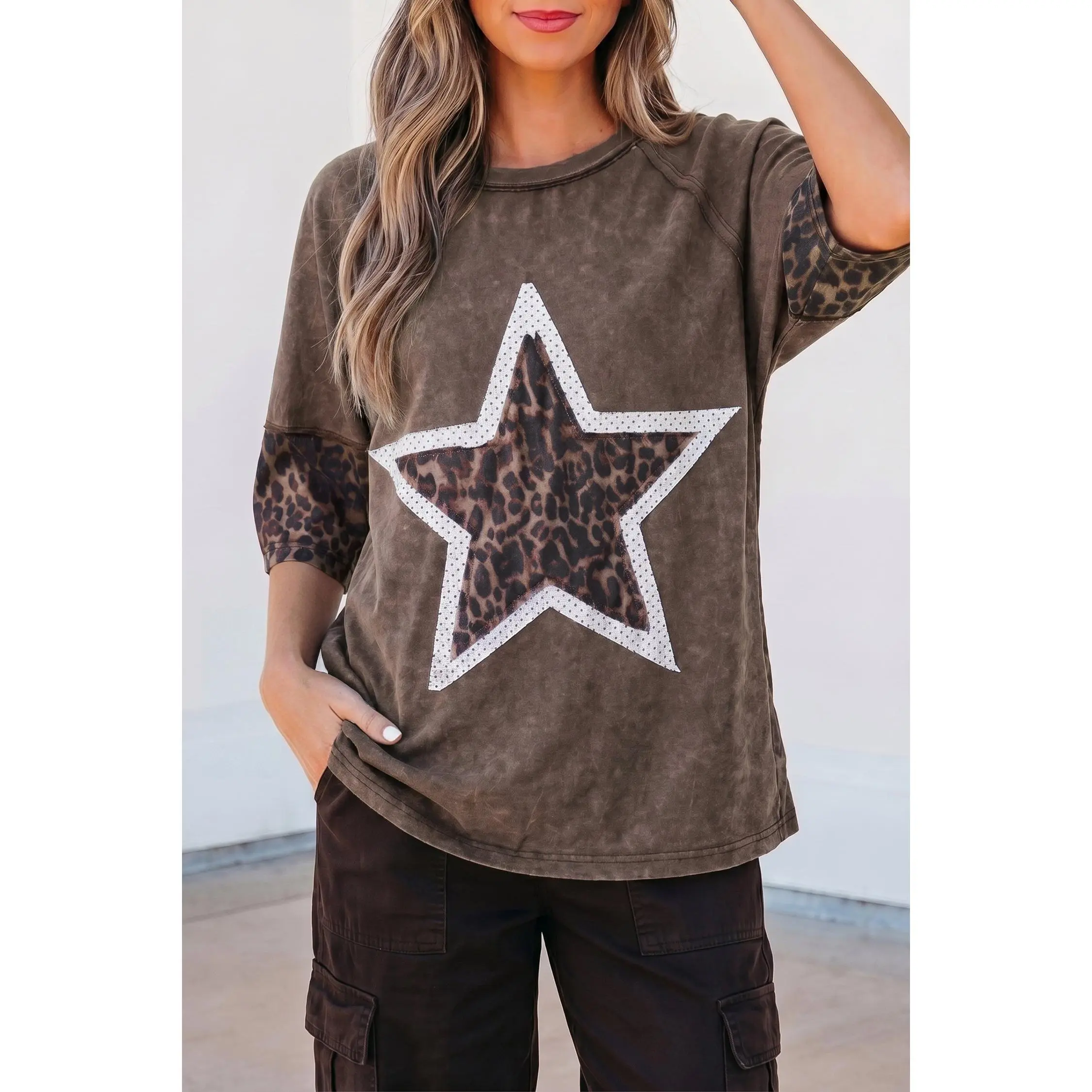 Coffee Mineral Wash Exposed Seam Leopard Star Patched T Shirt