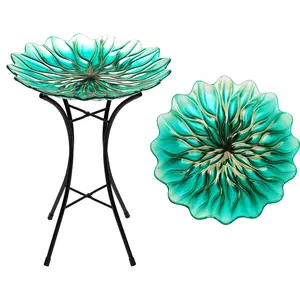 G128 19 Inch Height Glass Bird Baths with Metal Stand | Decorative Green BirdBaths Bowl Outdoor Garden Bird Feeder