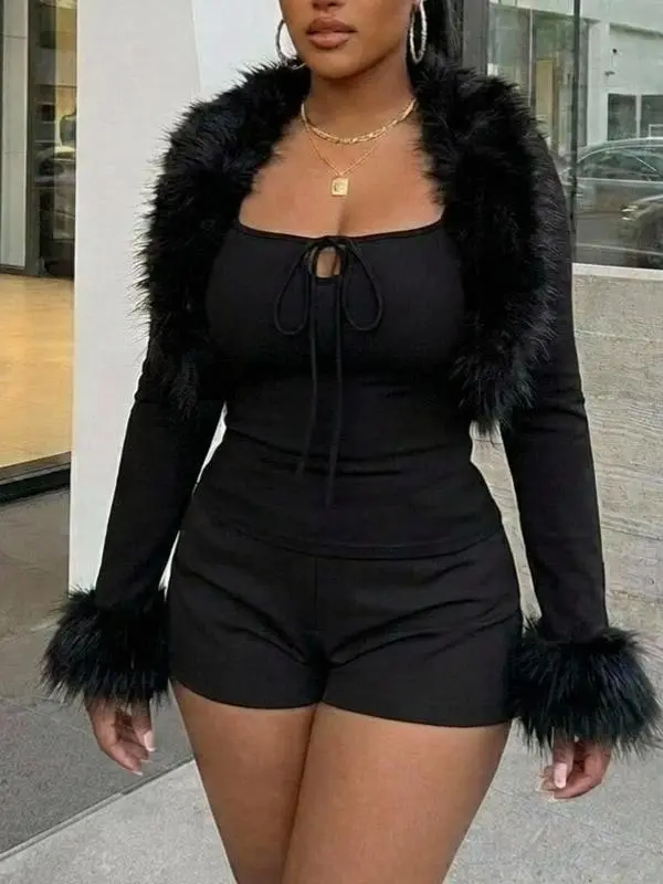 Plus Size Black Y2k Fuzzy Trim Tie Front Crop Jacket Winter Fall Autumn Clothes, Streetwear