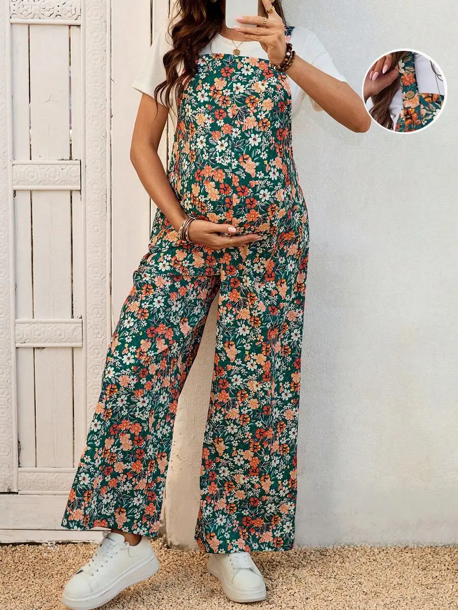 NANCY Maternity Clothes Dark Green Floral Print Jumpsuits For Pregnant Women,Boho Wide Leg Casual Versatile Jumpsuit,Two Piece Sets Maternity Rompers