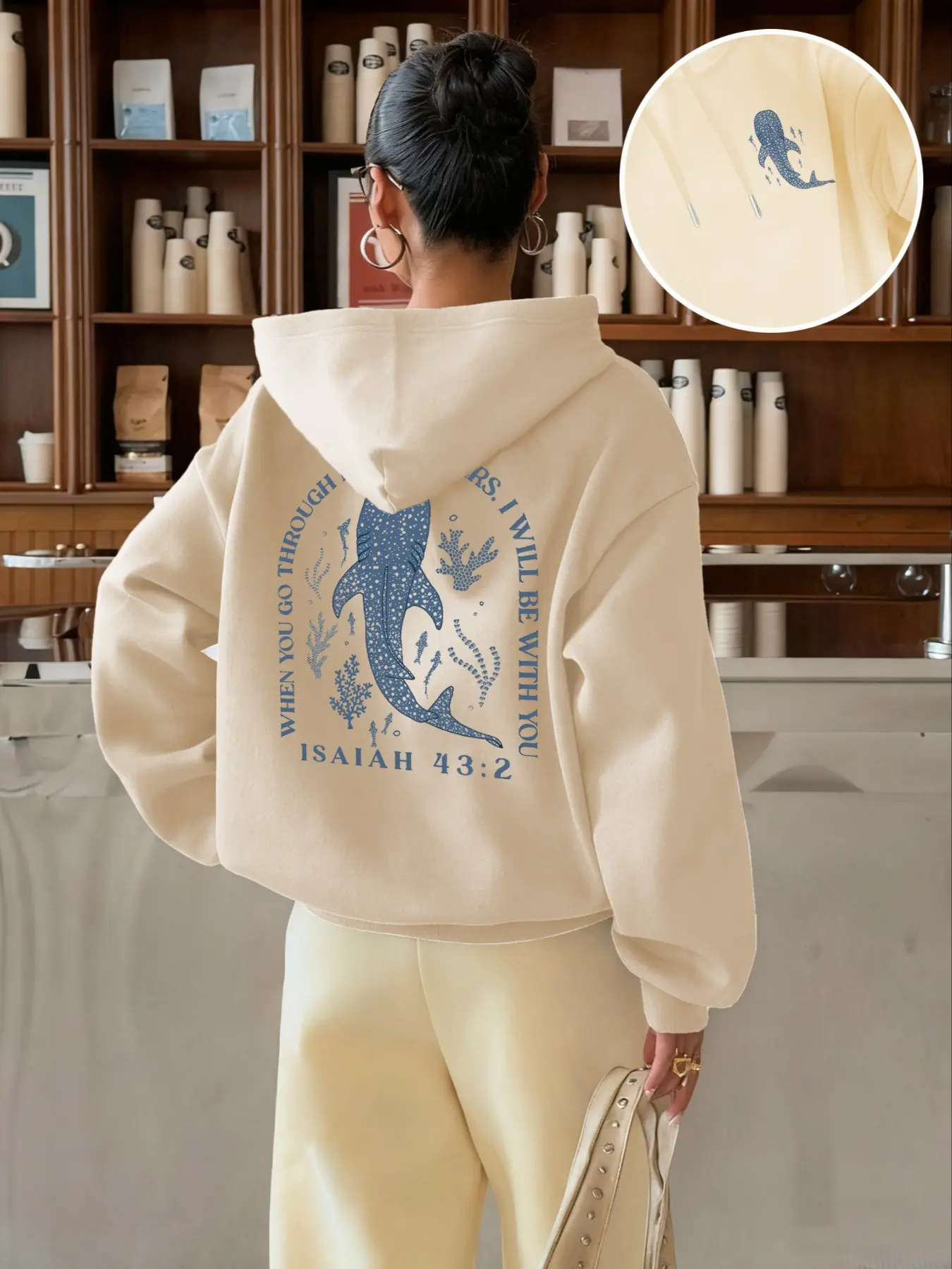 Women's Whale Shark Print Graphic Hoodie, Aesthetic Graphic Pullover, Casual Long Sleeve Loose Fit Pullover, Fall & Winter Fashion, Youth Style, Letter Pattern, Animal, Sweatshirts, Casual Pullover Hoodies