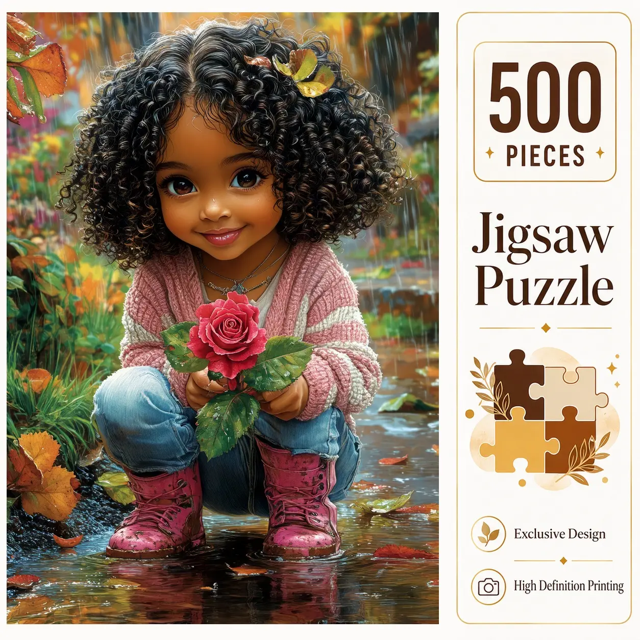 Autumn Rose Girl 500 Pieces Jigsaw Puzzle, Cute Rainy Day Flower Art Puzzle for Adults, Family Game for Relaxation and Stress Relief, Brain Exercise Challenge, Wall Decor, Gift for Puzzle Lovers and Seniors, 15x20.5inch(38x52cm)