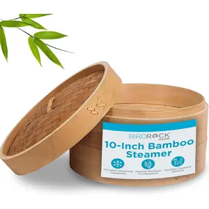 BIRDROCK HOME 10-Inch Bamboo Steamer - Classic 2 Tier Design for Steaming Veggies, Dumplings, Dim Sum, Chicken, Fish, & Asian Food - Natural Eco-Friendly Steaming Basket, Ideal for Healthy Cooking BirdRock Home