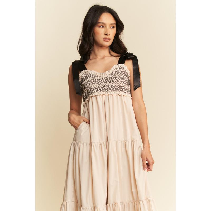 Davi & Dani Multi Contrast Smocked Bodice Straps Maxi Dress