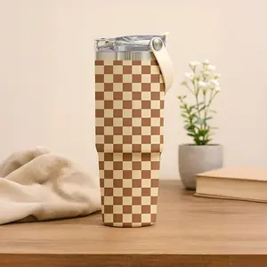 1 Pc, 30oz, 5 colors, Stainless Steel Vacuum Cup, Vacuum Insulated Cup, Brown Beige Checker Pattern, Double Wall Thermal Mug with Lid and Strap, Keep Hot 12H/ Cold 24H, Household and Kitchen Supplies, Fun Drinkware