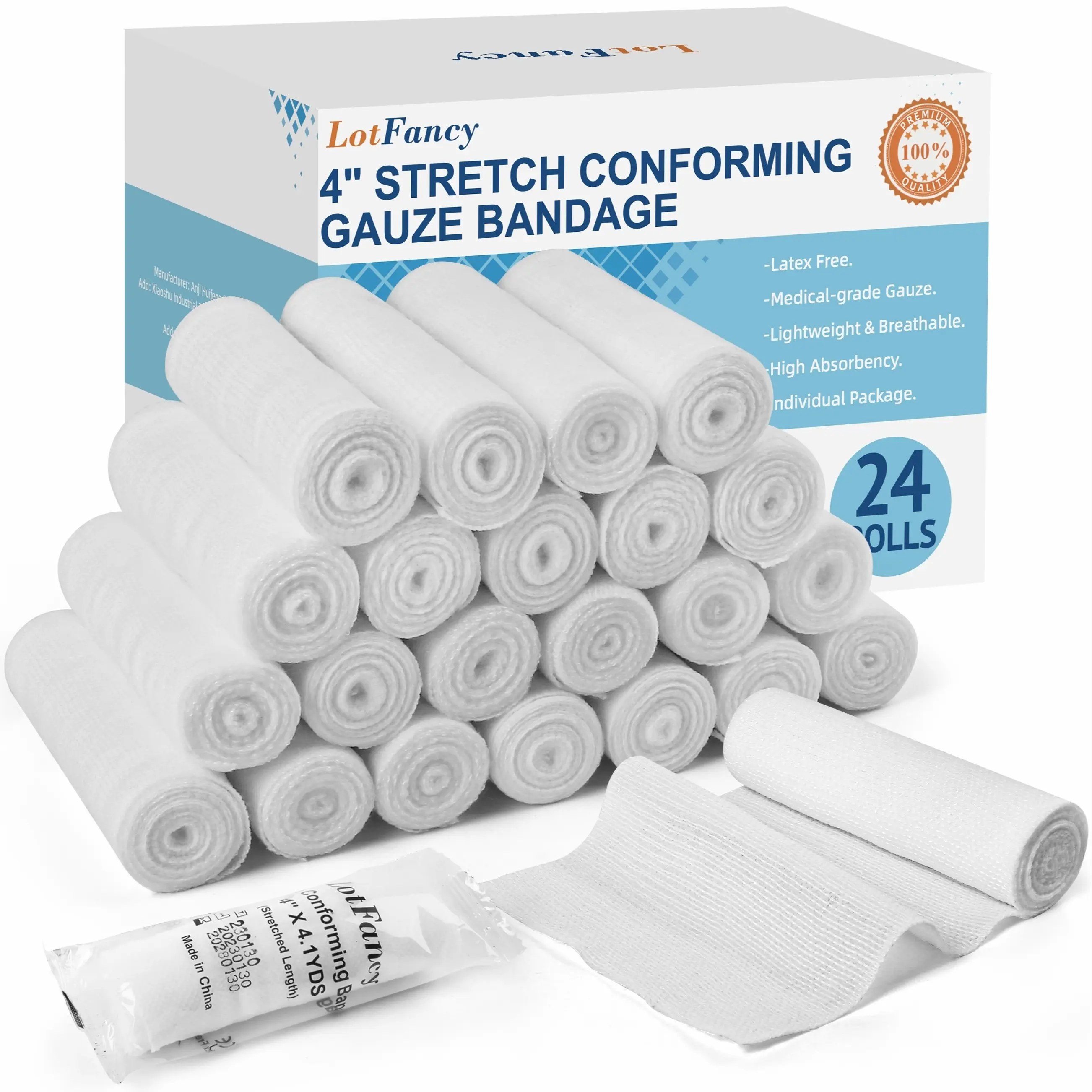 Lotfancy Individually Wrapped Latex-Free Stretch Gauze Rolls, 4in x 4yd Stretched Conforming First Aid Care Supplies, 24-Count Bandages for Wrist, Knee, Hemostasis, Outdoor Use