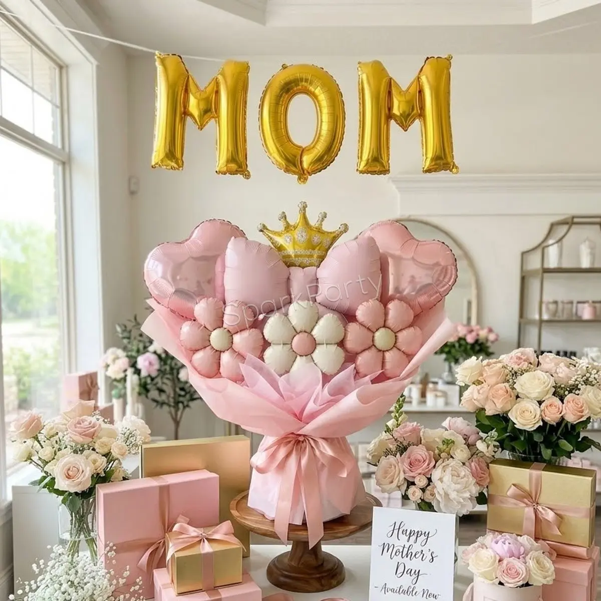 Mother's Day Party Decoration Balloon Set, DIY Balloon Bouquet, 16 Inch Mom Foil Balloon, Satin Bow Balloons, Letter Balloons, Balloon Decorations Kit