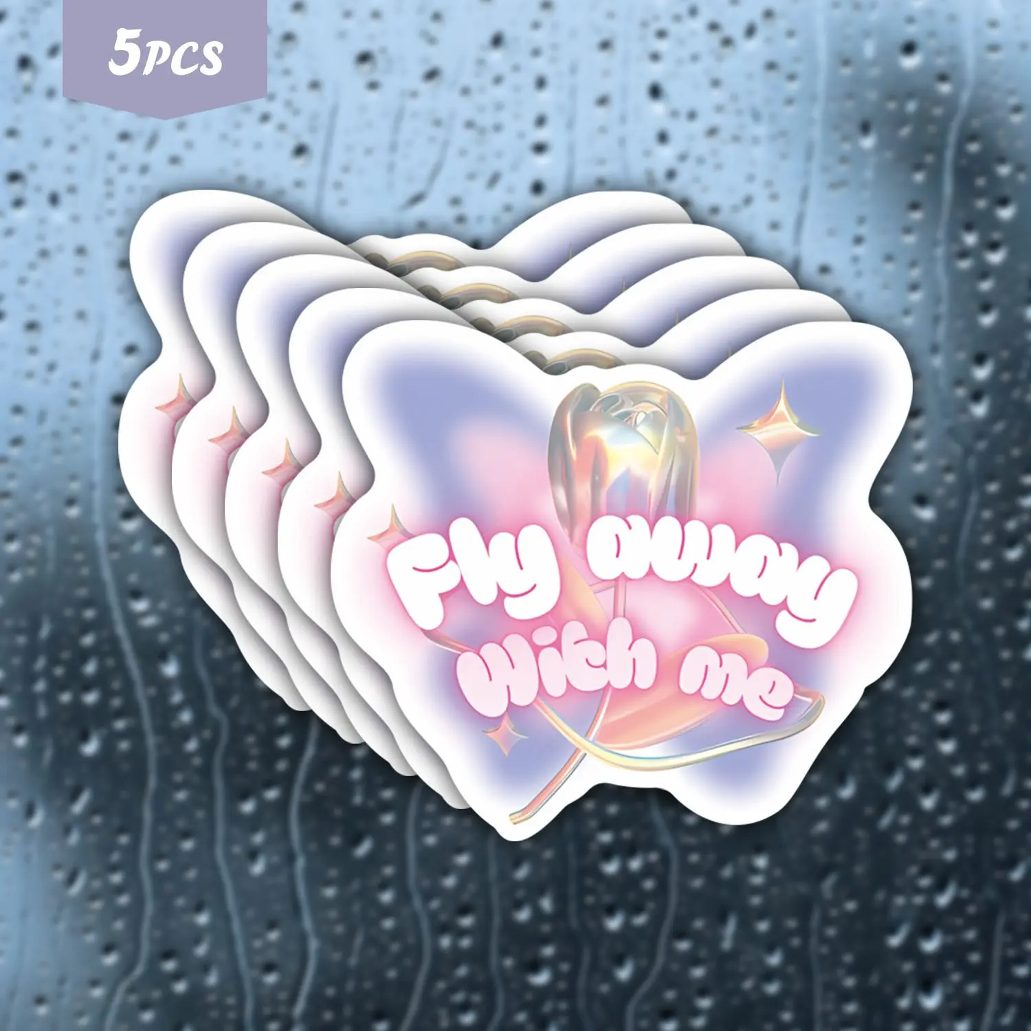 5Pcs "Fly Away With Me" Holographic Tulip Waterproof Vinyl Sticker, Y2K Aesthetic Pastel Self-Adhesive Decal, Suitable For Water Bottles, Laptops, Journals, Ideal For Y2K Lovers, Tulip Fans And Cute Pastel Aesthetic Enthusiasts