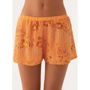 Women's new summer pink sequin shorts, soft and comfortable fabric, suitable for vacation and beach Floral Womenswear Blouse Bottoms Breathable Casual