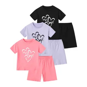 6-Piece Set of Girls' Spring/Summer Heart-Print Short-Sleeve Shorts Outfits: Sweet and Cute Casual Activewear for Kids Ages 3–14