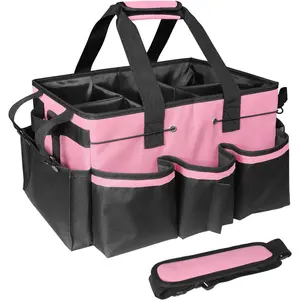 Cleaning Bags for Housekeepers, Large Cleaning Supplies Organizer with Handles & Shoulder Strap, Cleaning Caddy Bag with Foldable Divider for Cleaners, Car Horse Cleaning Bag(Pink)