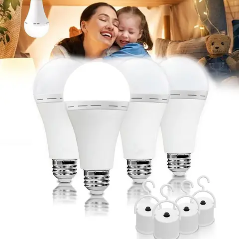 4-Pack 2-in-1 A19 LED Emergency Light Bulbs with Hook - 9W Self-Charging, Auto-Lights on Power Outages, IP65 Waterproof, 3 Lighting Modes, 1200mAh Battery, Portable Towing Prep & Home Emergency Accessory