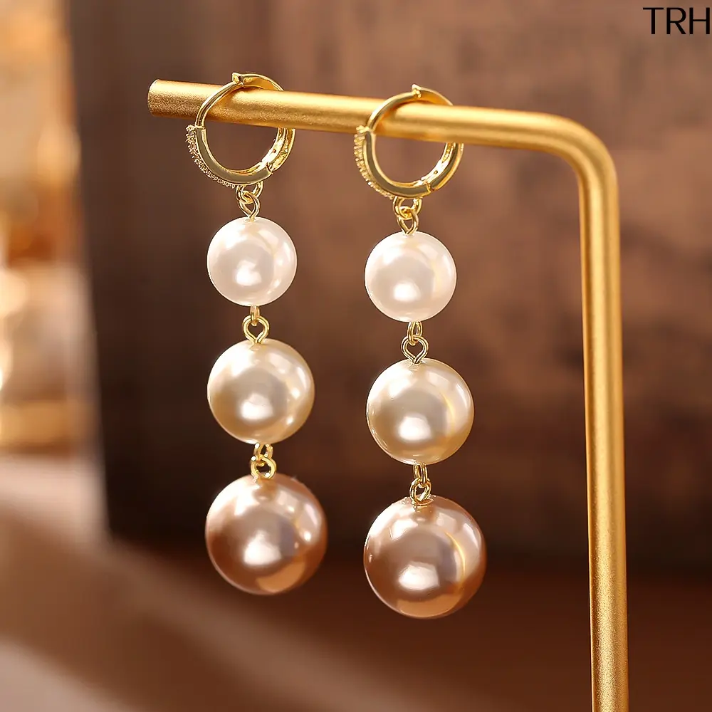 Gradient Pearl Long Dangle Huggie Hoop Earrings, Three-Tone Pearl Drop Earrings, Elegant Luxury Fashion Jewelry, Sophisticated Ladies Accessories for Wedding Party Daily Wear